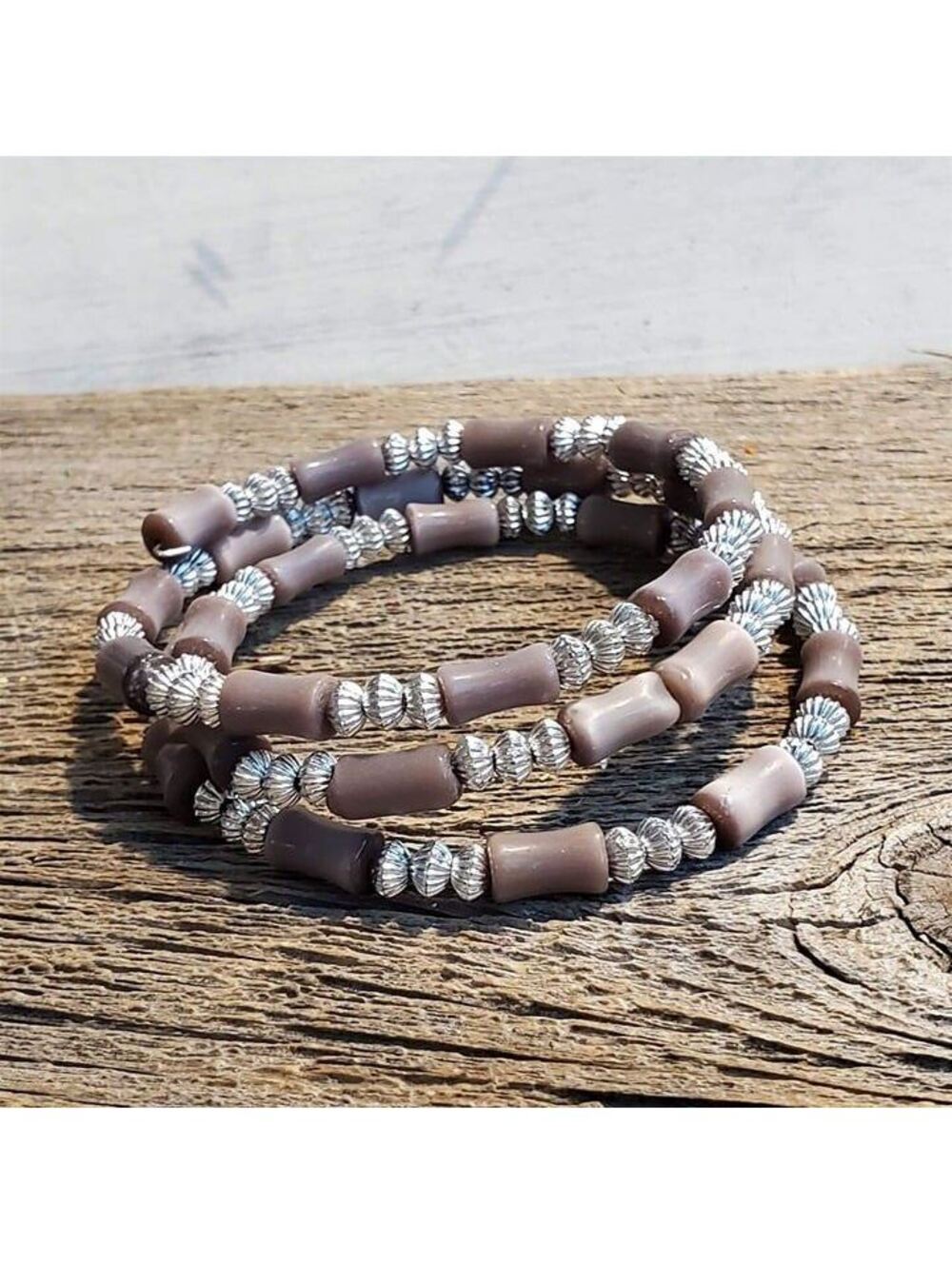 Cat's Eye Glass Vintage Beads Mauve Tone Silver Memory Wire Wrap Bangle Bracelet